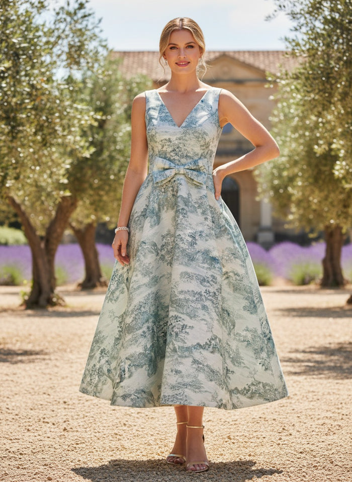 Jacquard A-Line V Neck Pleated Mother of the Bride Dresses