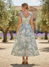 A-Line Tea Length Jacquard V Neck Pleated Cocktail Dresses with Bow