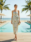 Strapless Sheath Jacquard Midi Cocktail Dress with Bow Front