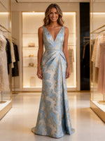 Jacquard Mermaid V Neck Pleated Formal Dresses