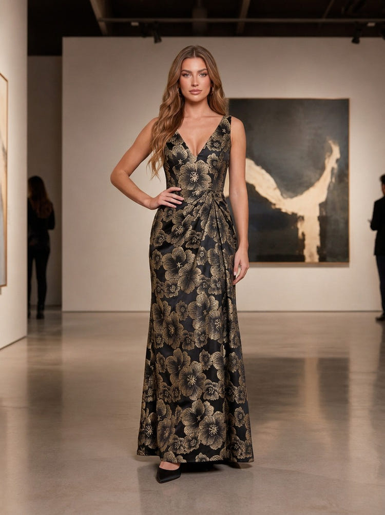 Jacquard Mermaid V Neck Pleated Formal Dresses