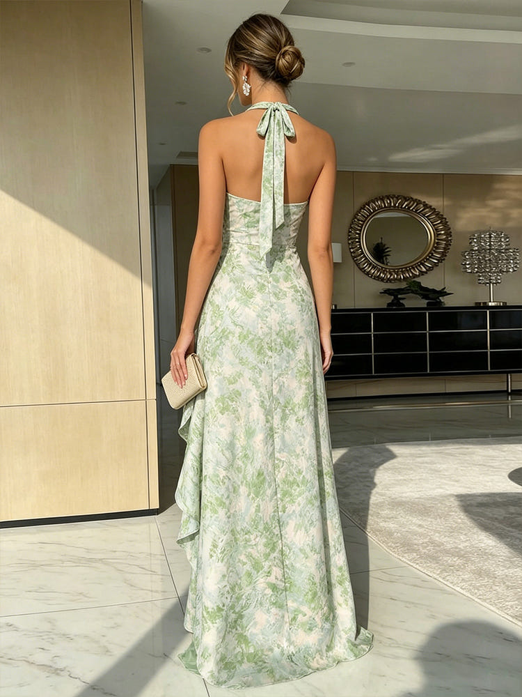 Jacquard A-Line Halter Formal Dresses with Ruffles