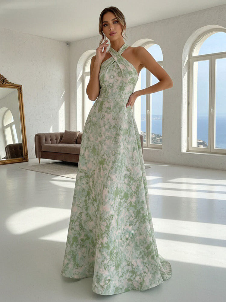 Jacquard A-Line Halter Simple Formal Dresses