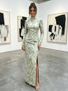 Jacquard Sheath High Neck Formal Dresses with Side Slit