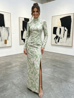 Jacquard Sheath High Neck Formal Dresses with Side Slit