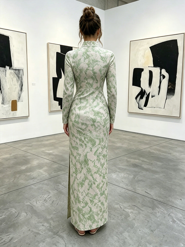 Jacquard Sheath High Neck Formal Dresses with Side Slit