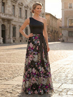 Sequin A-Line One Shoulder Mother of the Bride Dresses with Floral Embroidery
