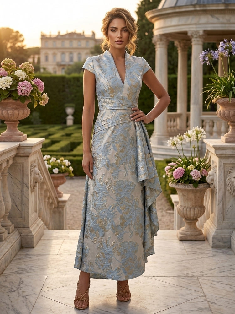 Jacquard A-Line V Neck Mother of the Bride Dresses with Ruffles