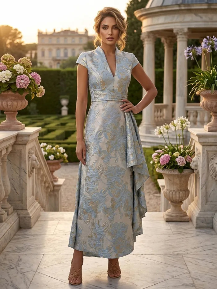 Jacquard A-Line V Neck Mother of the Bride Dresses with Ruffles