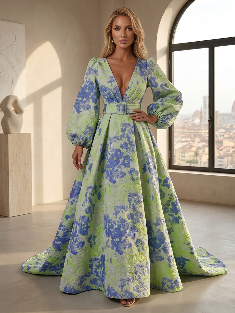 Jacquard A-Line V Neck Formal Dresses with Belt