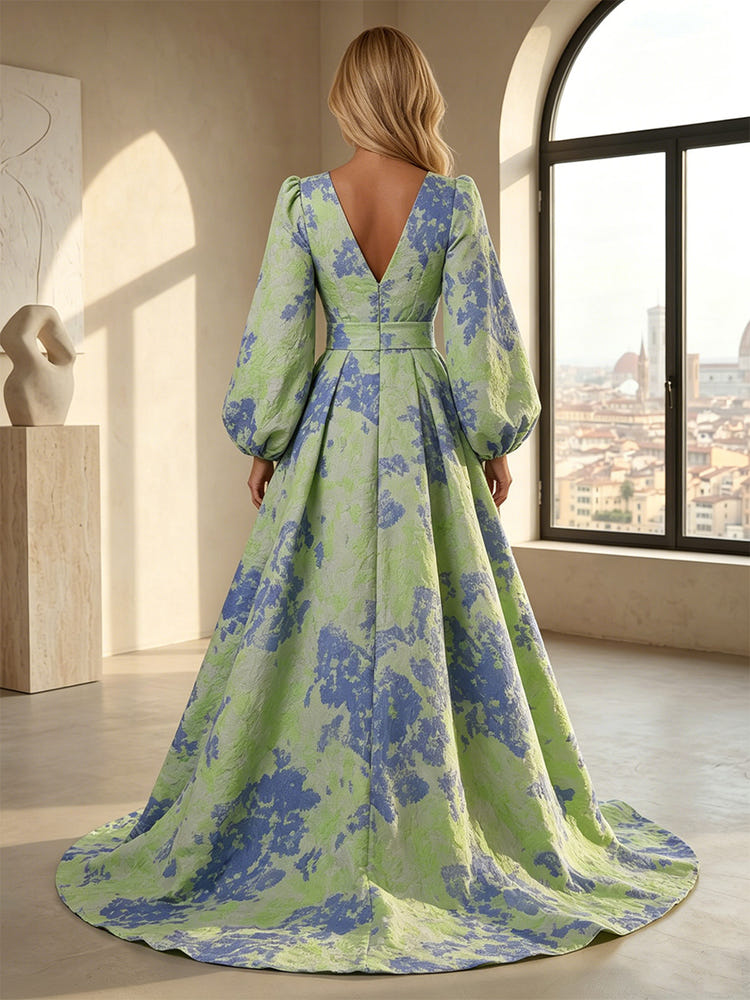Jacquard A-Line V Neck Formal Dresses with Belt