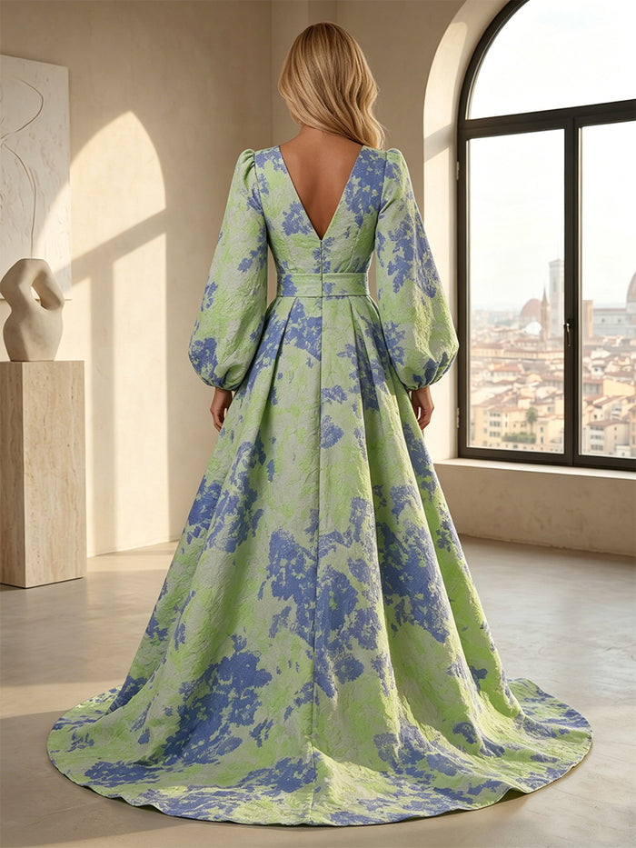 Jacquard A-Line V Neck Formal Dresses with Belt