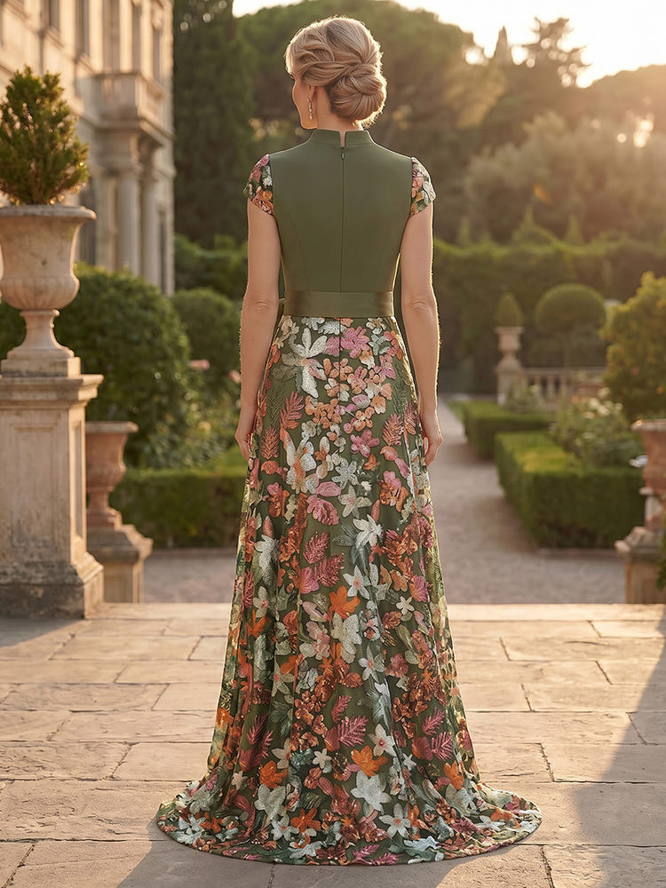 Sequin A-Line V Neck Mother of the Bride Dresses with Floral Embroidery