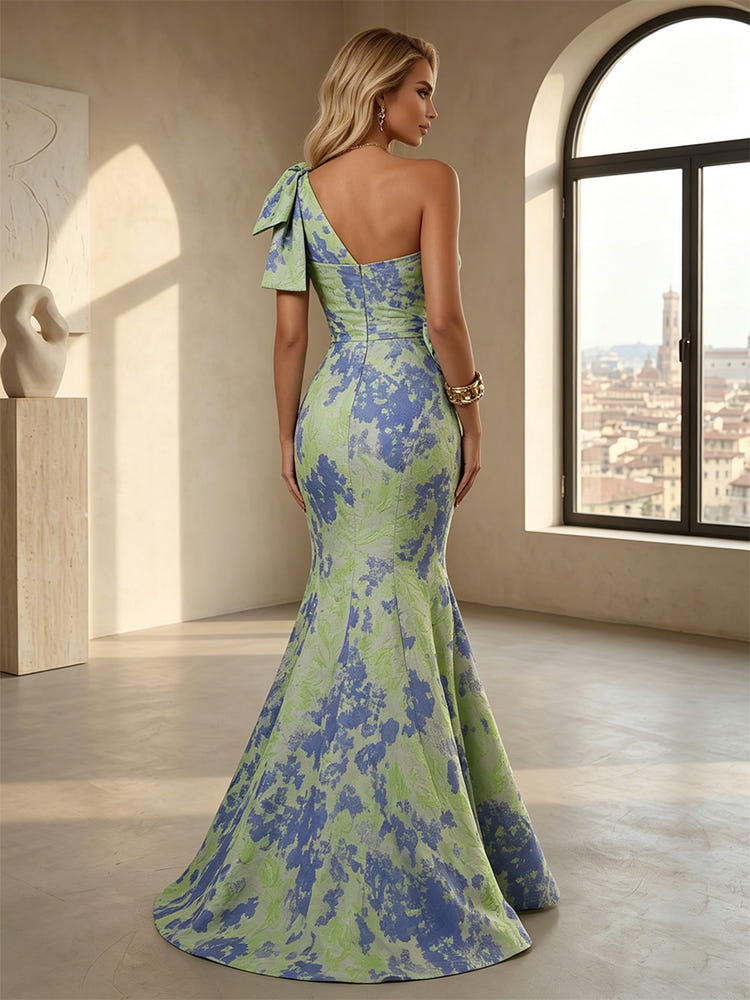 Jacquard Mermaid One Shoulder Formal Dresses with Bow