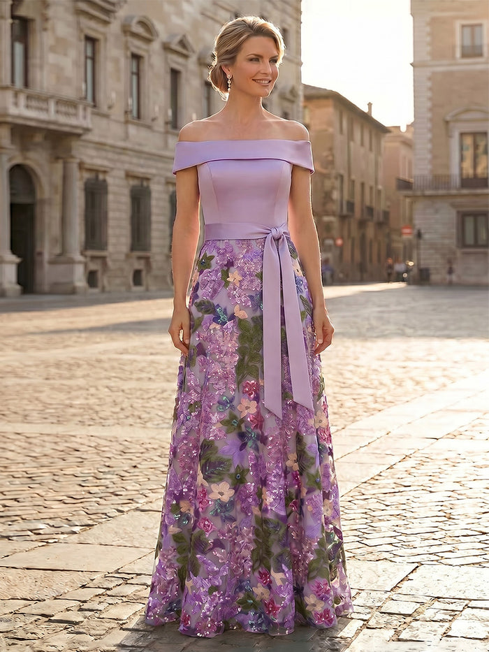 Sequin A-Line Off the Shoulder Mother of the Bride Dresses with Floral Embroidery