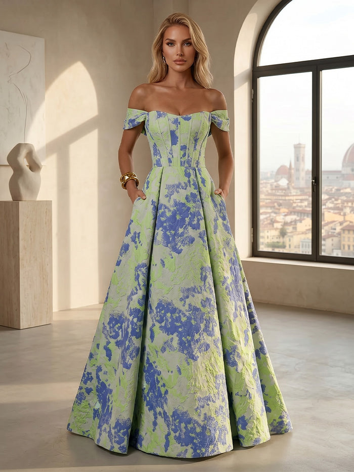 Jacquard A-Line Off the Shoulder Pleated Mother of the Bride Dresses