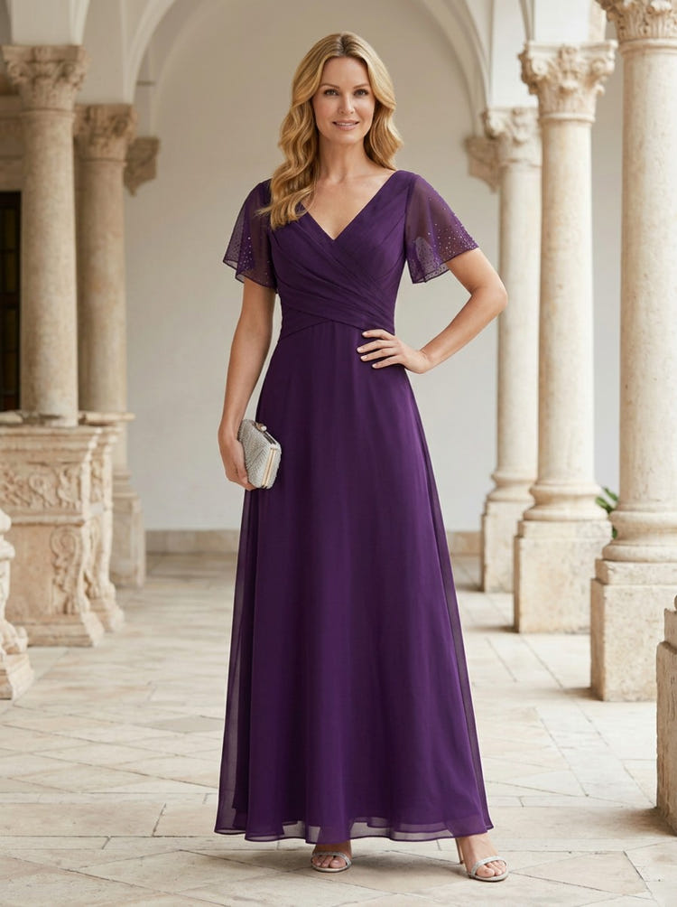 Chiffon A-Line V Neck Beaded Mother of the Bride Dresses