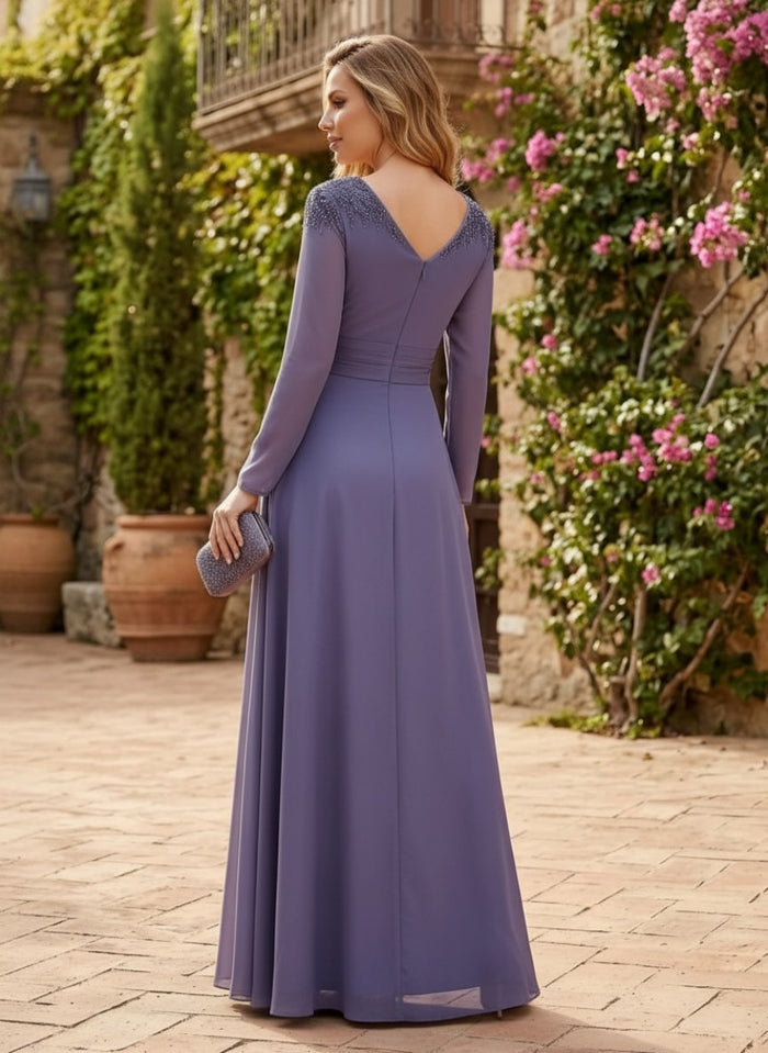 Chiffon A-Line V Neck Mother of the Bride Dresses with Side Slit