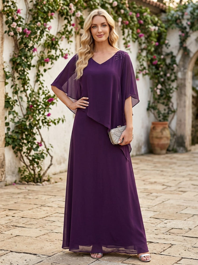 Chiffon A-Line V Neck Mother of the Bride Dresses with Caps