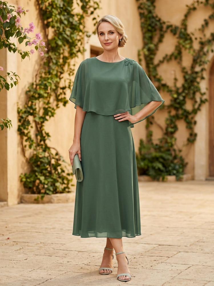 Chiffon A-Line Crew Neck Mother of the Bride Dresses with Caps