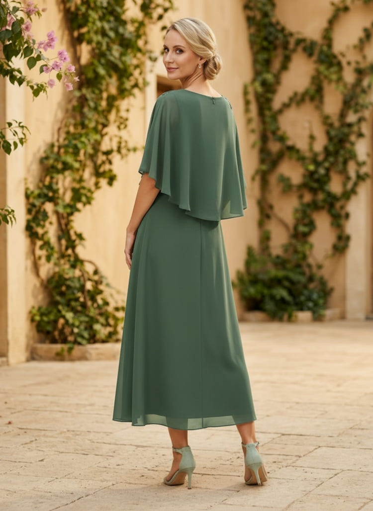 Chiffon A-Line Crew Neck Mother of the Bride Dresses with Caps