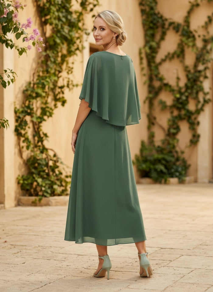 Chiffon A-Line Crew Neck Mother of the Bride Dresses with Caps