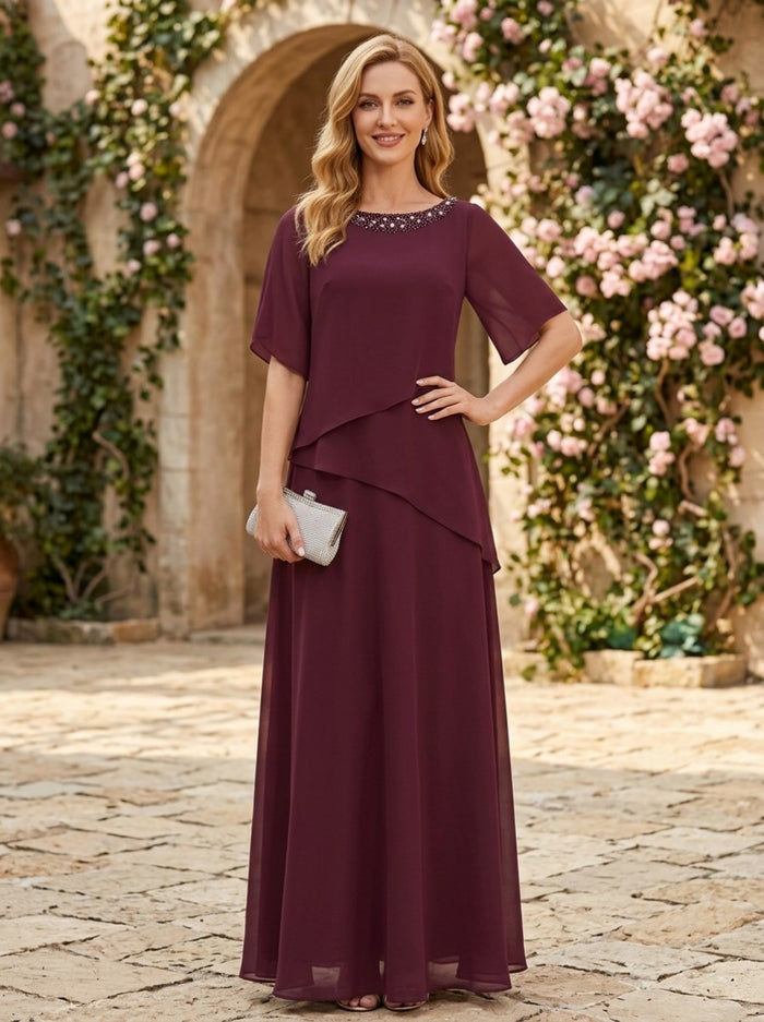Chiffon A-Line Crew Neck Beaded Mother of the Bride Dresses
