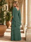 Chiffon A-Line V Neck Tiered Mother of the Bride Dresses