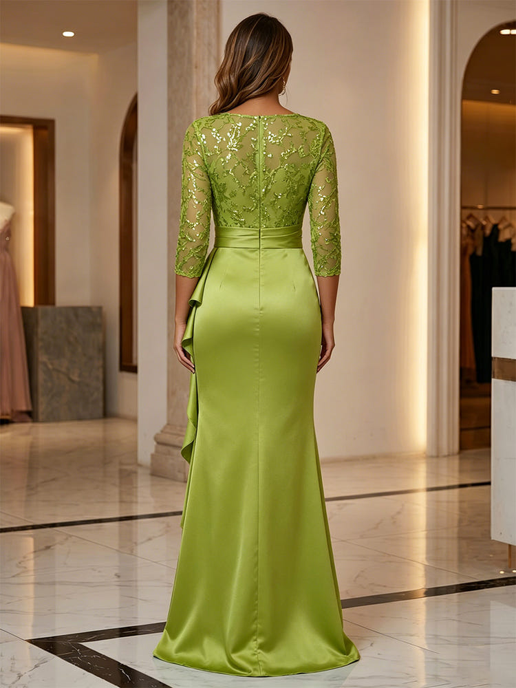 Satin Mermaid Crew Neck Mother of the Bride Dresses with Sequin Embroidery