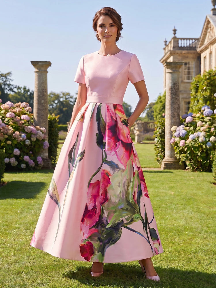Satin A-Line Crew Neck Mother of the Bride Dresses with Floral Print