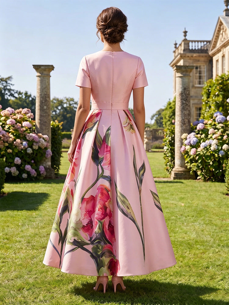 Satin A-Line Crew Neck Mother of the Bride Dresses with Floral Print