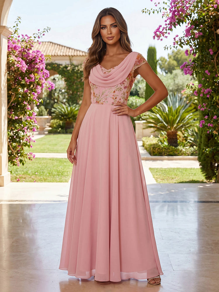Chiffon A-Line Cowl Neck Mother of the Bride Dresses with Sequin Embroidery