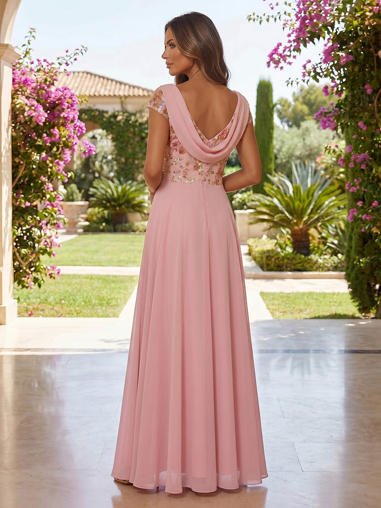 Chiffon A-Line Cowl Neck Mother of the Bride Dresses with Sequin Embroidery