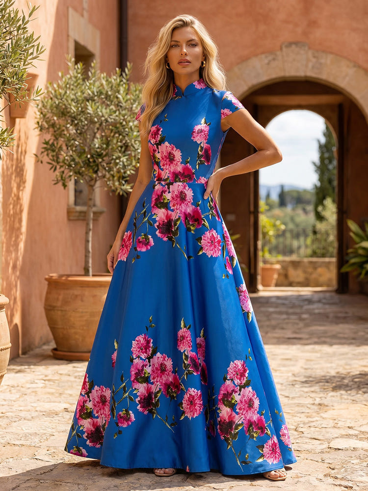 Satin A-Line High Neck Mother of the Bride Dresses with Floral Print