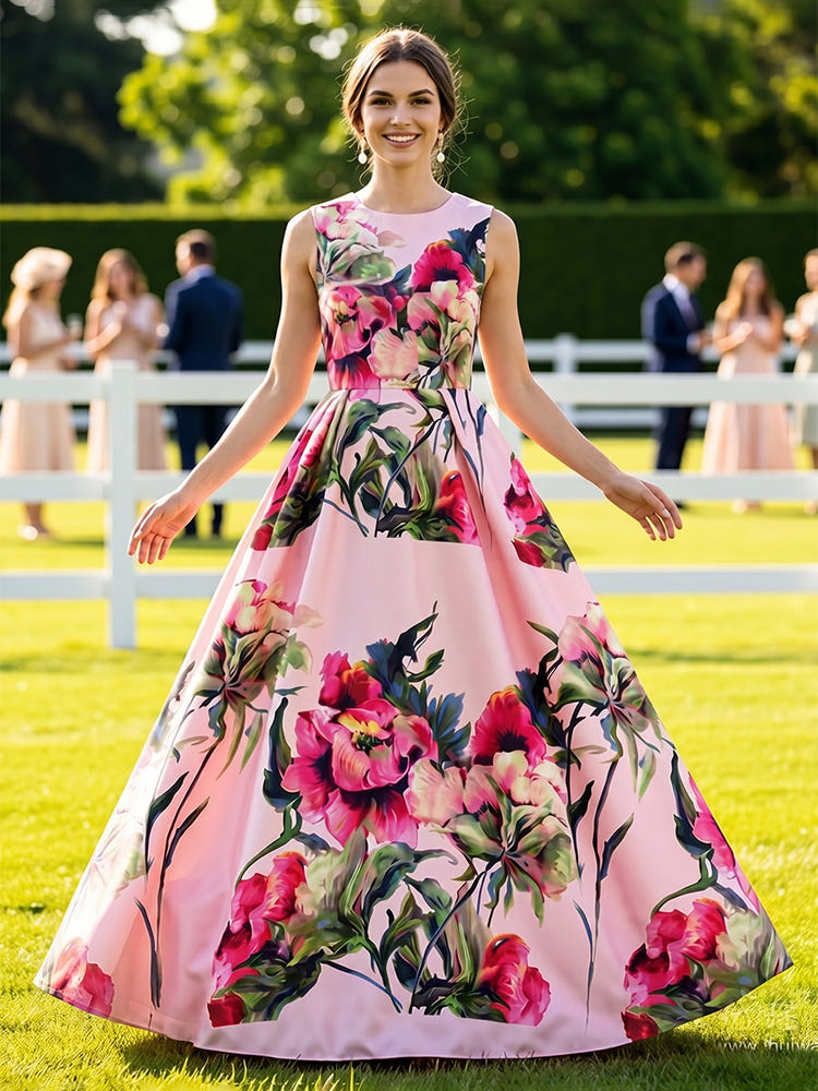 Satin A-Line Crew Neck Mother of the Bride Dresses with Floral Print