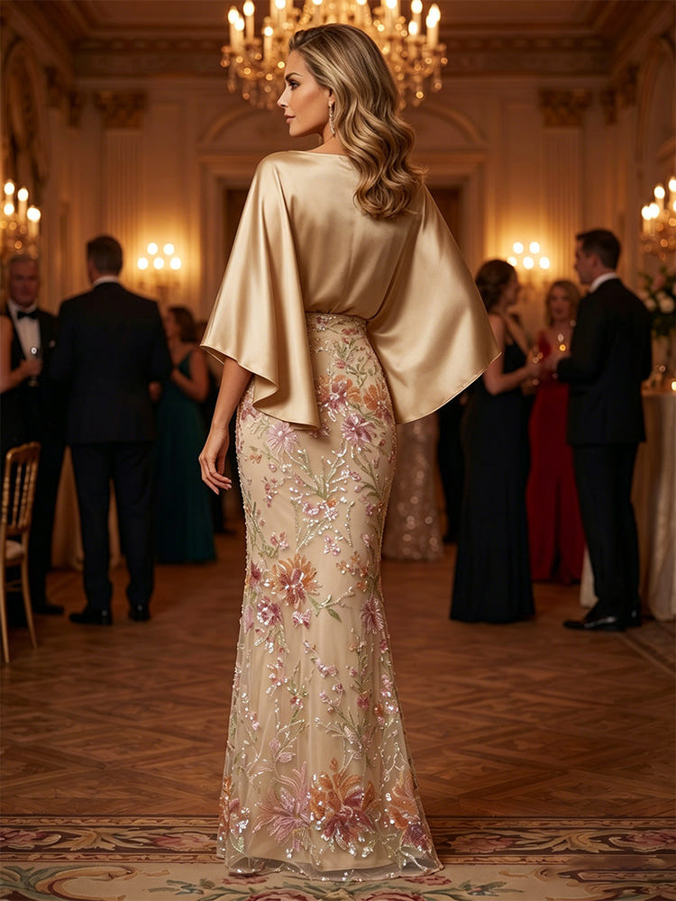 Satin Mermaid Crew Neck Mother of the Bride Dresses with Sequin Embroidery