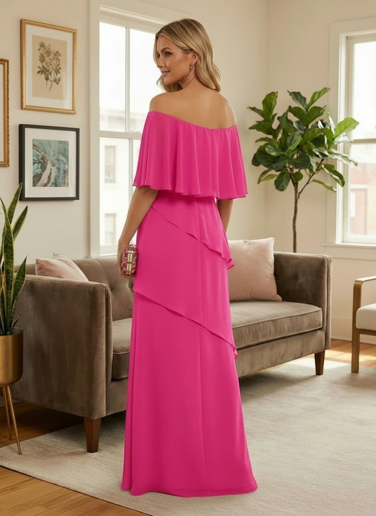 Chiffon A-Line Off the Shoulder Formal Dresses with Ruffles