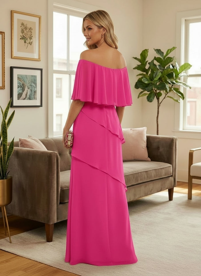Chiffon A-Line Off the Shoulder Formal Dresses with Ruffles