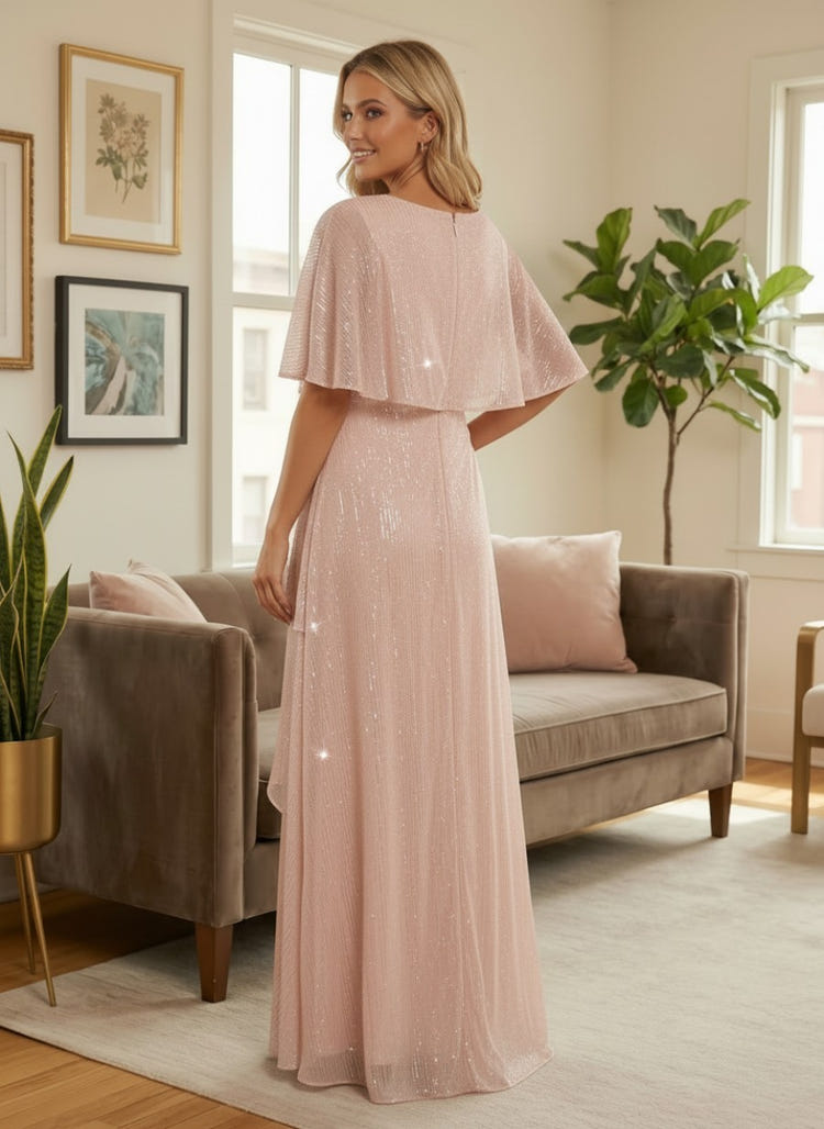 Sequin A-Line Crew Neck Formal Dresses with Ruffles