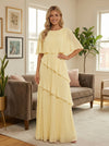 Chiffon Crew Neck Delicate Pleated Formal Dresses with Ruffles