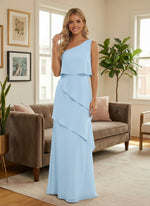 Chiffon One Shoulder Sleeveless Formal Dresses with Ruffles
