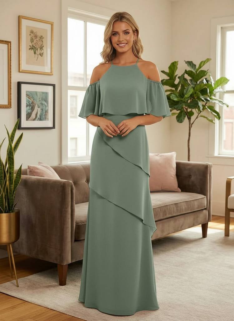Chiffon One Shoulder Formal Dresses with Short Sleeves