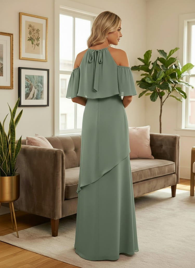 Chiffon One Shoulder Formal Dresses with Short Sleeves