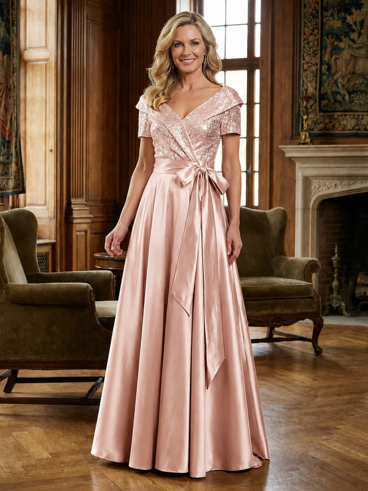 Satin A-Line V Neck Bow Mother of the Bride Dresses
