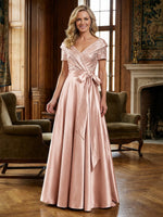 Satin A-Line V Neck Bow Mother of the Bride Dresses