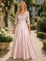 Satin A-Line V Neck Pleated Mother of the Bride Dresses
