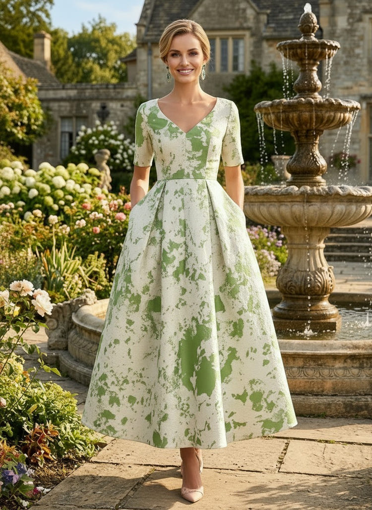 Jacquard A-Line V Neck Pocket Mother of the Bride Dresses
