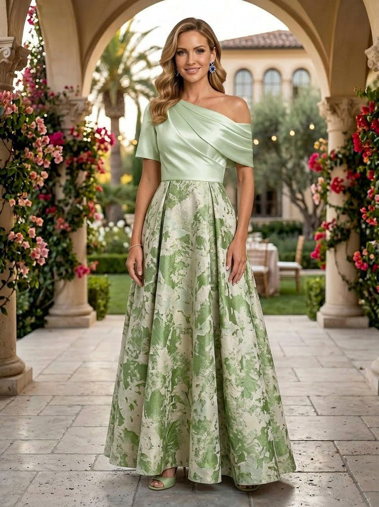 Jacquard A-Line One Shoulder Pleated Mother of the Bride Dresses