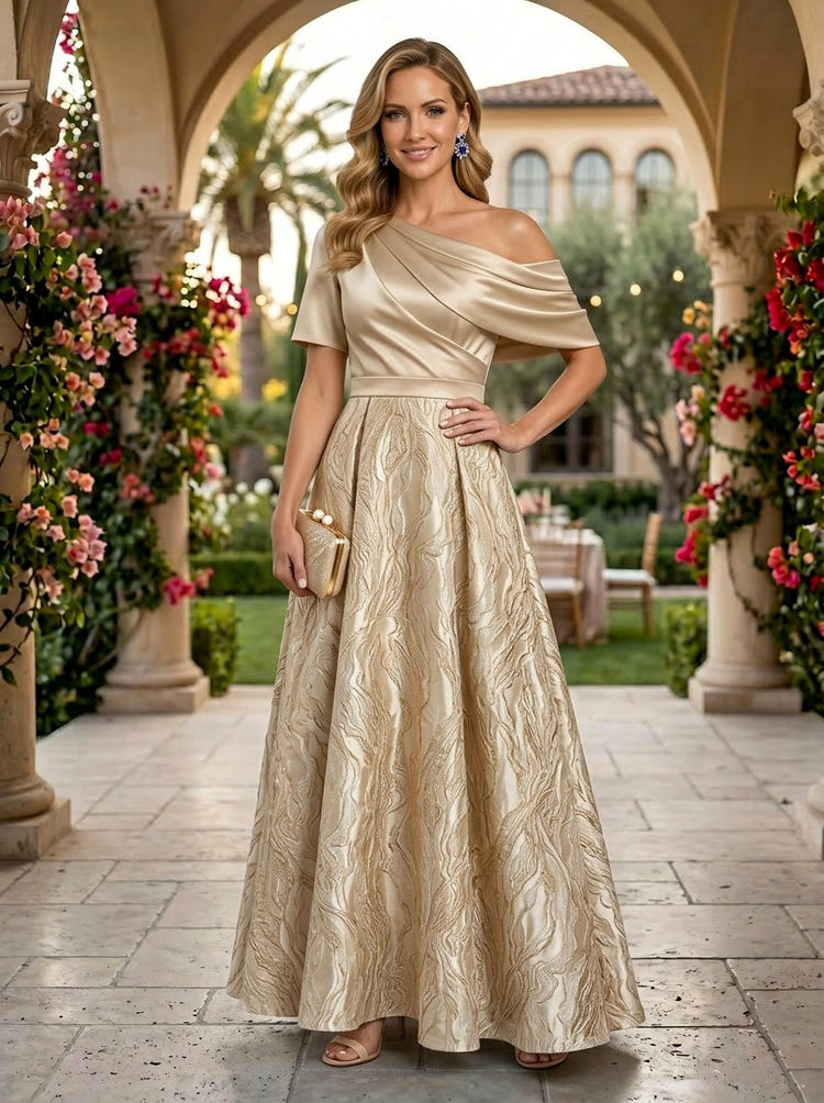 Jacquard A-Line One Shoulder Pleated Mother of the Bride Dresses