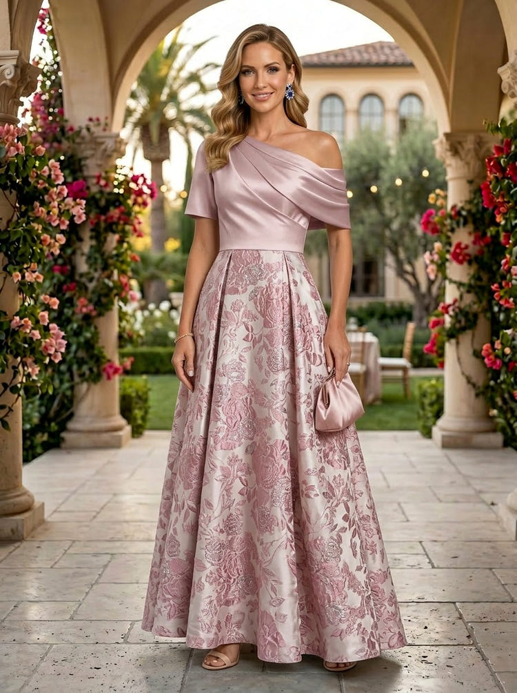 Jacquard A-Line One Shoulder Pleated Mother of the Bride Dresses